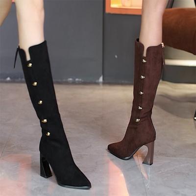 Mais bottes hautes pointues au genou pour femmes automne et hiver nouvelles bottes de mode à talons épais fermeture éclair arrière boucle en métal bottes polyvalentes