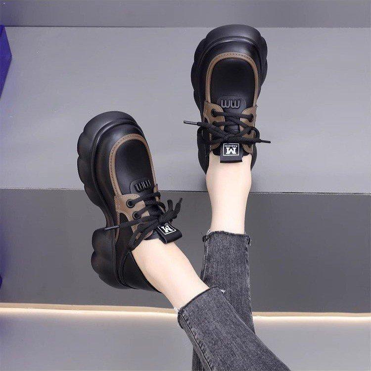 Platform Loafers Small Leather Shoes Women's 2025 New Autumn Fashion Casual Versatile Lace-up British Height-increasing Single Shoes