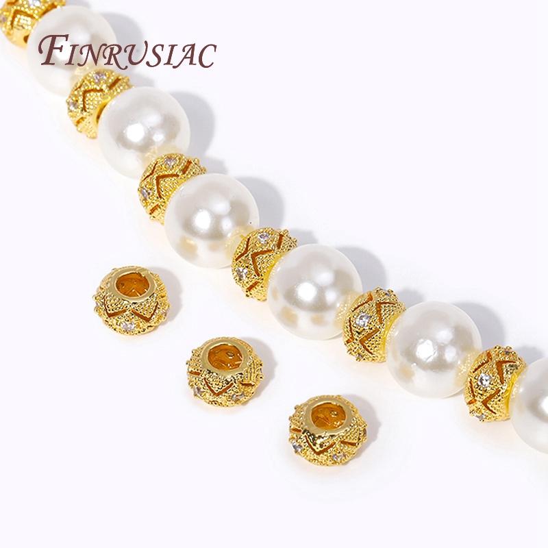 18K Gold Plated Inlaid Zircon Round Spacer Beads Metal Big Hole Beads For Bracelet DIY Jewellery Making Needlework Supplies