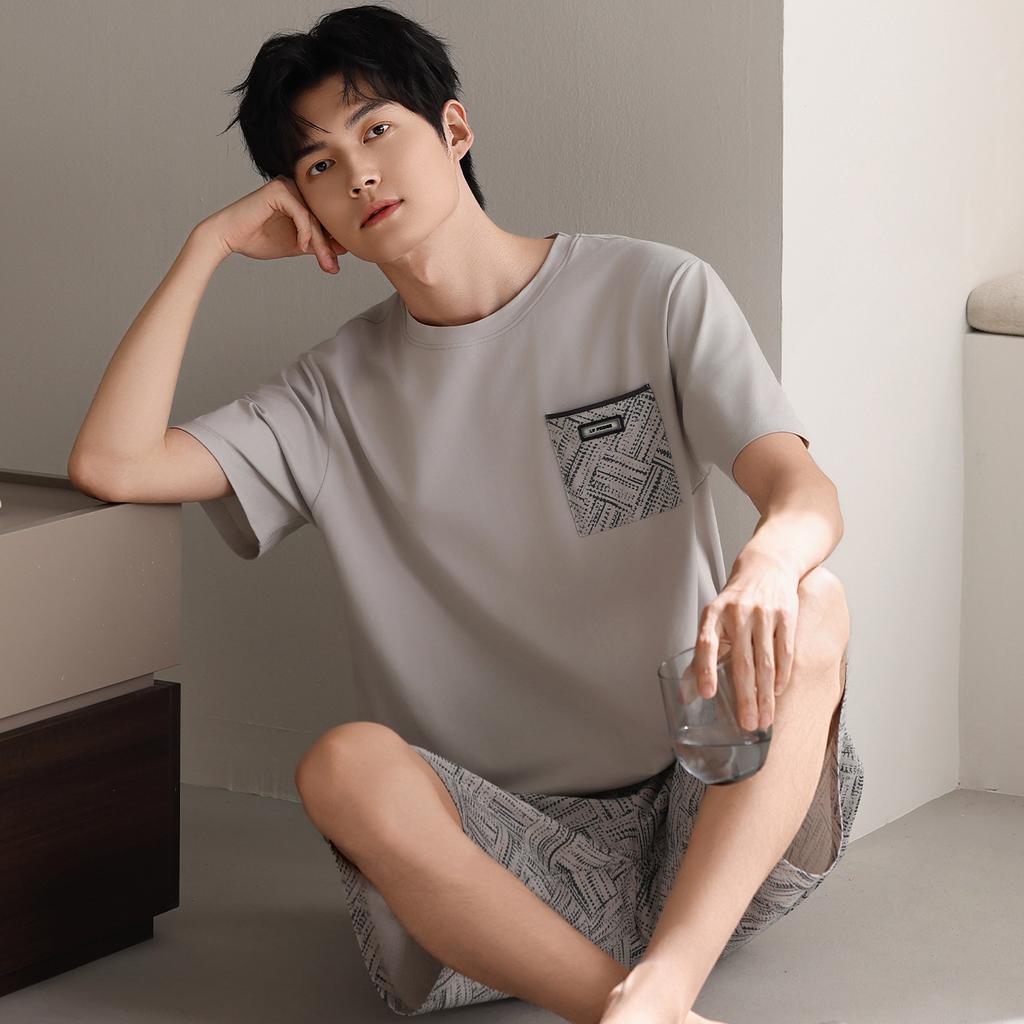 Pajamas Men's Summer Cotton Short Sleeve Shorts Thin Solid Color Teen Large Size Sports Can Wear Dad's Loungewear