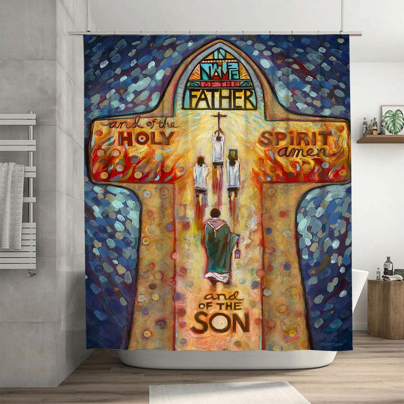 

Abstract Religious Art Shower Curtain Cross Design With Holy Spirit And Son Figures Perfect For Bath Decoration W60H190(CM)-1 Pcs