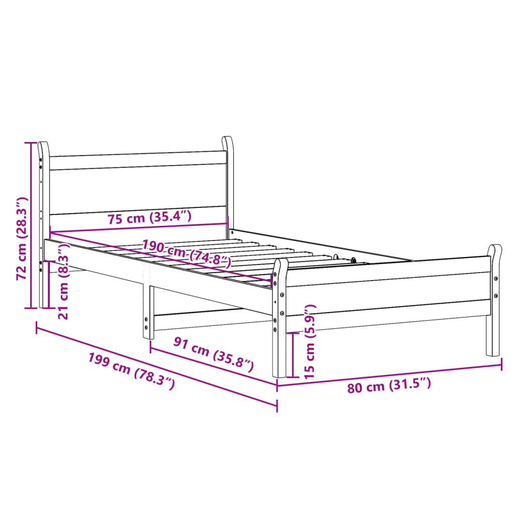Solid Wood Bed Without Mattress 75 X 190 Cm Pine Wood