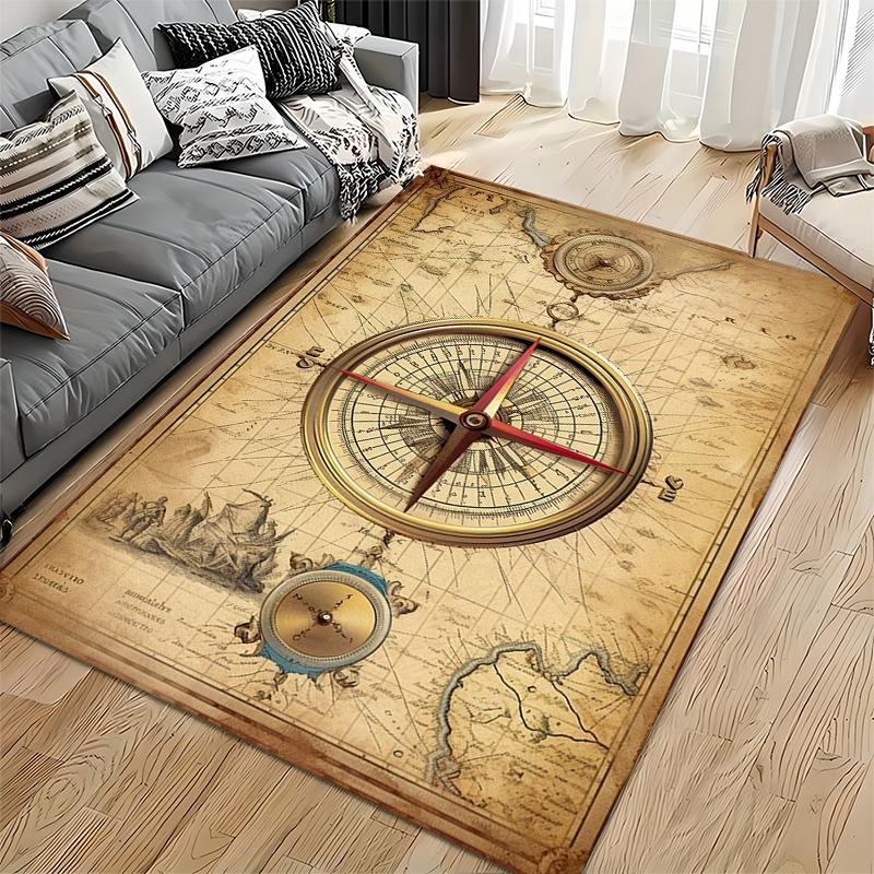 Vintage Map Art Area Rug, Antique Brass Compass Red Needle Old Nautical Chart Print, Study Office Decor, Non-Slip Mat
