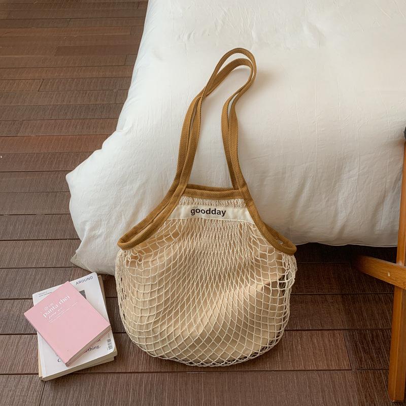 Korean Mesh Net Tote Bag Women Large Capacity Summer Hollow Out Beach Bag Lightweight Shoulder Bag For Vacation Shopping Handbag