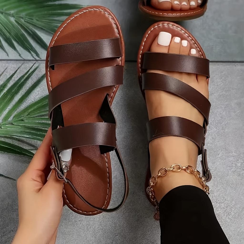 Women's Adjustable Crisscross Strap Flat Sandals - Open-Toe Summer Beach Shoes with Buckle Closure Casual Roman Sandal, Strappy Sandals