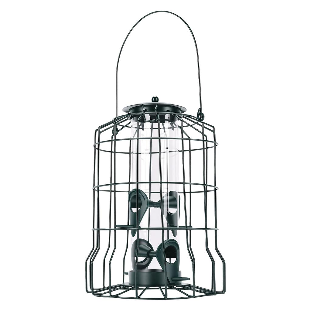 Squirrel Proof Bird Feeder Metal Outdoor Hanging with 4 Ports PC Pipe for Backyard Green