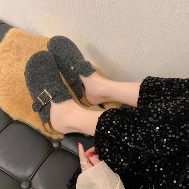 Fashion Women Slippers Mules Fur Shoes Winter Buckle Flat Platform Walking Plush Ladies Slippers Casual Shoes Warm Indoor Slides Women