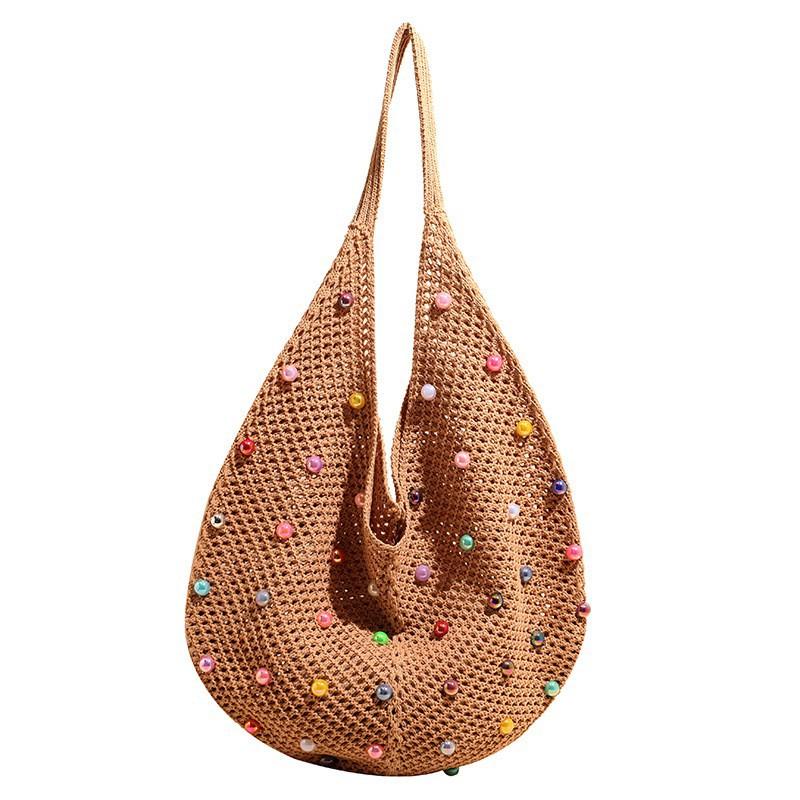 

Pearl-inlaid Holiday Beach Bag Net Red Knitted Hollow Woven Fishing Literary Temperament One-shoulder Underarm хакі