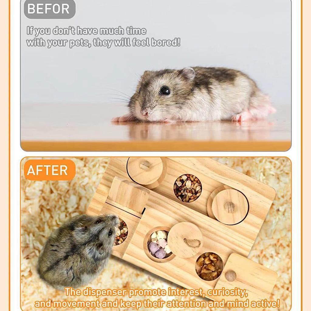 Wooden Hamster Feeder Foraging Station Snack Dispenser Interactive Pet Toy Natural Wood Animal Enrichment Activity Chew Toy