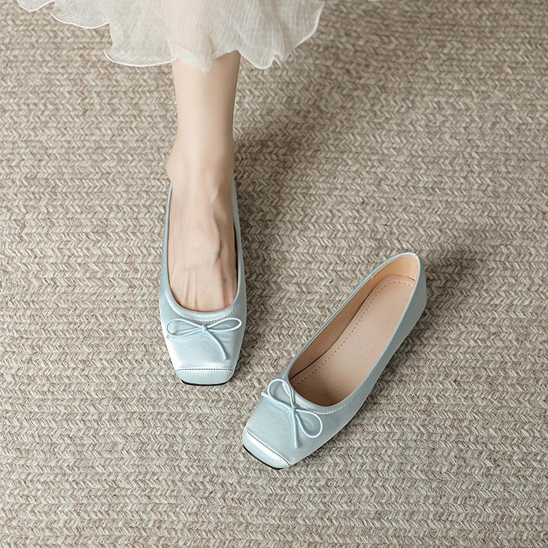 Fashion Deliate Bowtie Silk Ballerinas Woman Traf Pig Square Toe Flats Shallow Slip On Moccasins Femme Brides Wedding Shoes Pink Ballets