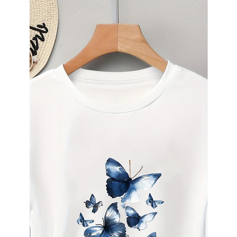 European Size Elegant Butterfly Print Women's Short-Sleeve T-Shirt, Holiday Wear, Vacation Outfit, Graduation Attire, Autumn/Winter New