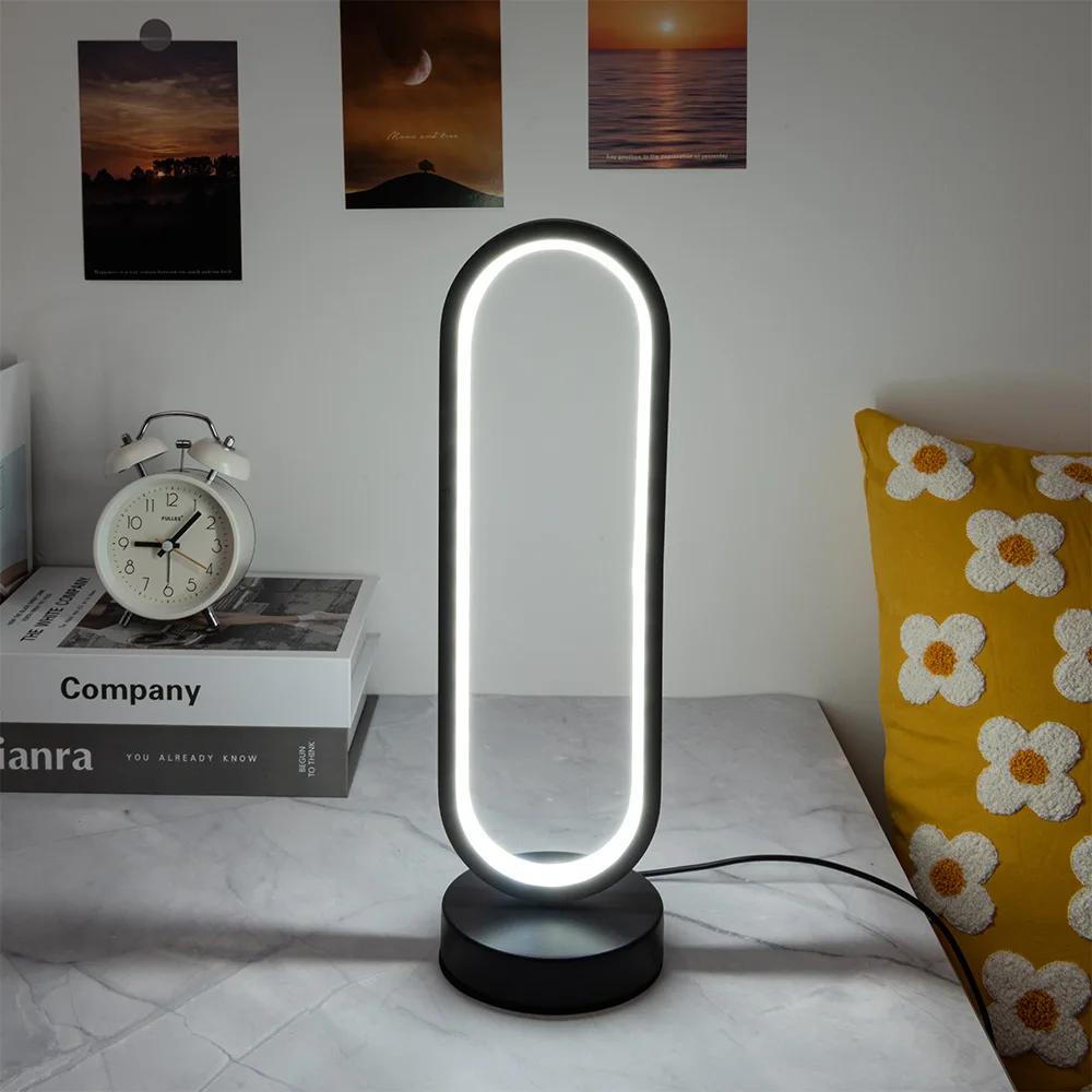 LED Desk Lamp Bedroom Circular Desk Lamp, Living Room Black and White USB Dimmable Bedside Lamp, Small Night Lamp Decoration