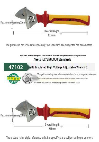 SATA VDE Insulated High Voltage Adjustable Thin Wrench, 6 Inch (Model 47101)