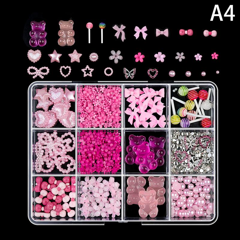 12 Grid Nail Resin Bowknot Bear Nails Art Charms Bowknots Heart Flower Kawaii Diy Decor Lollipop 3D Manicure  Tools