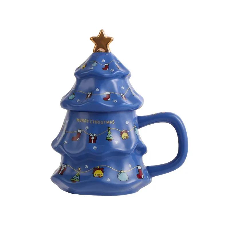Kerstboom Keramische Mok met Deksel Grote Capaciteit Koppels Waterbeker Koffiekopjes High Tea Bekers Melkbekers Kerstcadeaus