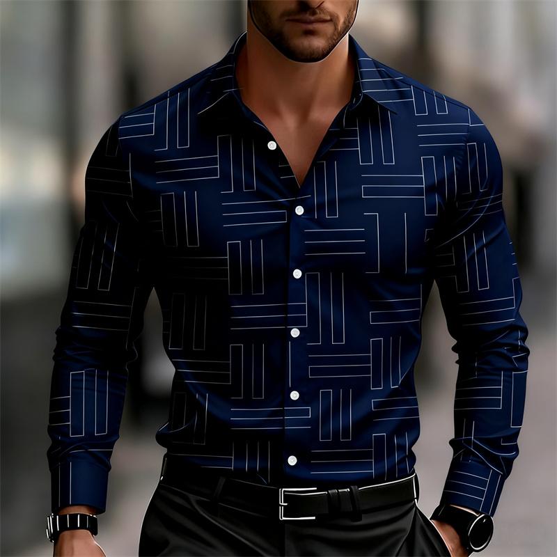 Men's Casual Long-Sleeve Slim Fit Black Geometric Pattern Breathable Versatile Formal Shirt Fashion Outdoor Men's Top