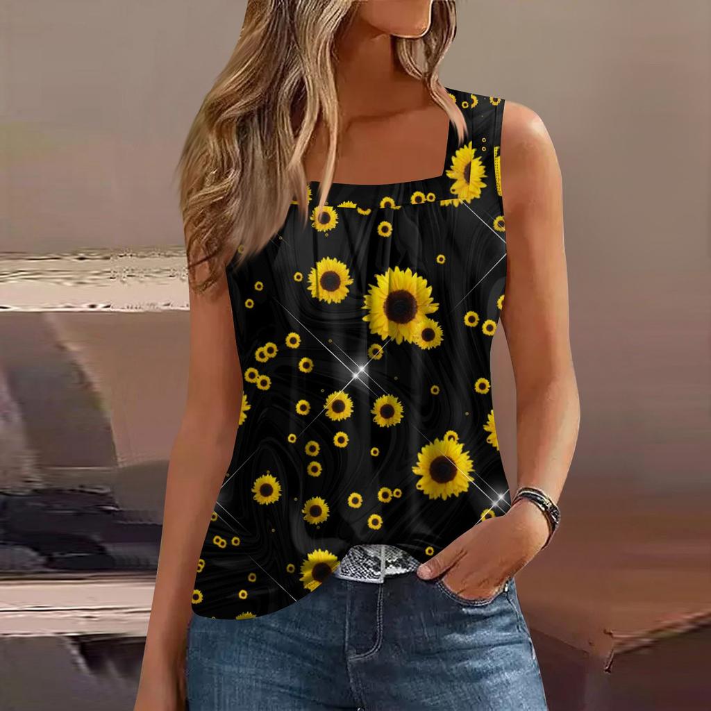 Maiou de vară casual pentru femei, cu pliuri, cu gât pătrat, fără mâneci, imprimat