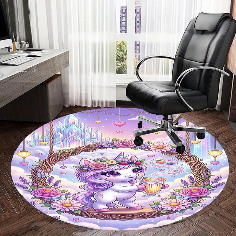 1PC Unicorn Flowers Non-Slip Floor Round Carpet, Office, Family, Bedroom, Large Area Rug Indoor Rugs, Durable PolyesterH0337