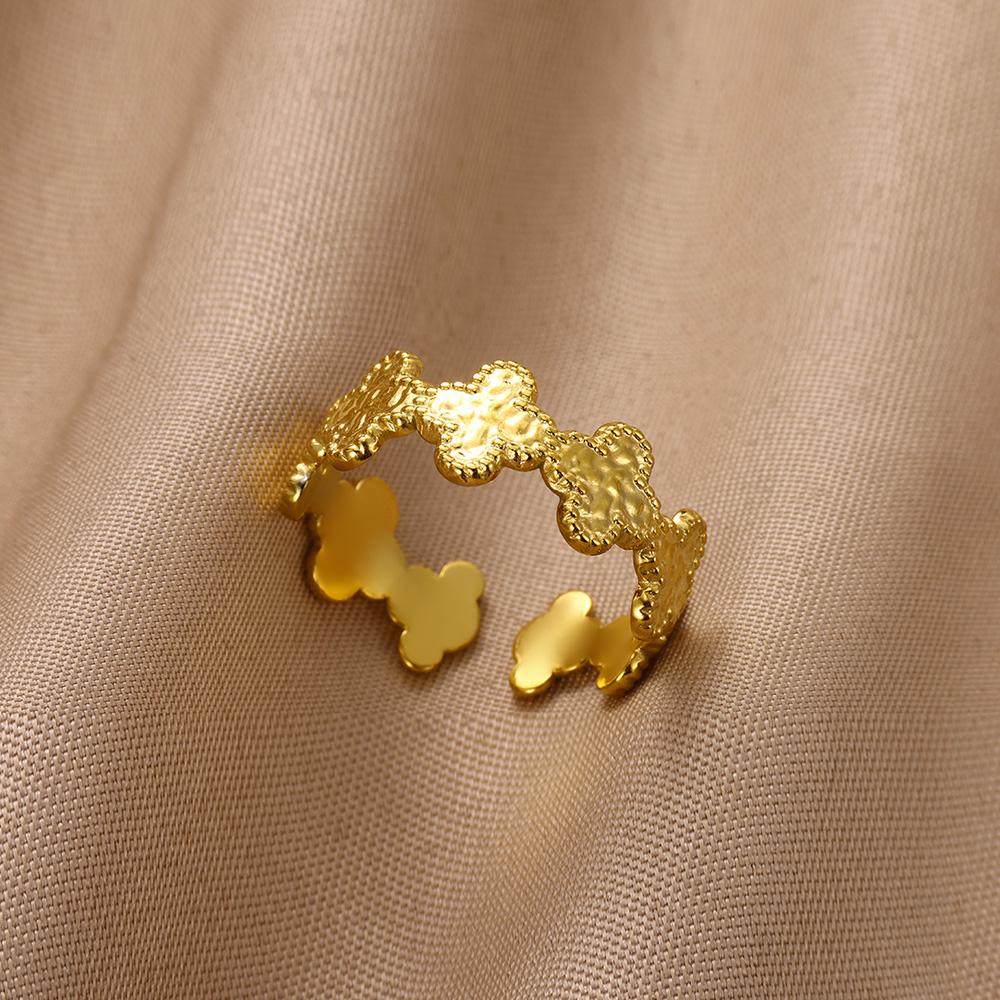 

Texture Dotted Clover Stainless Steel Ring for Women Gold Color Adjustable Rings Wedding Aesthetic Jewelry Prom Accessories Gift 17mm-open