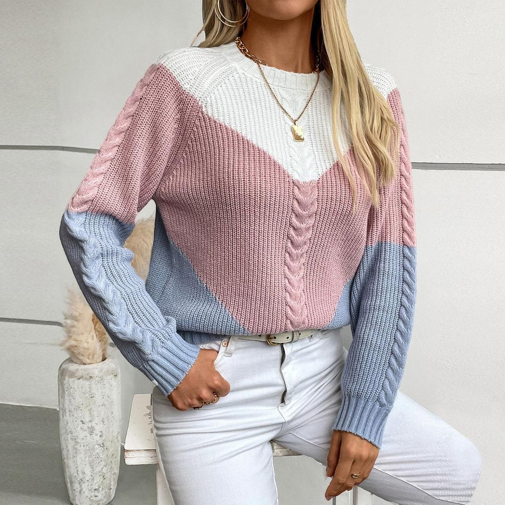 Women's Fashion Casual Round Neck Long Sleeve Comfortable Contrast Color Cable Knit Women's Pullover Loose Sweater