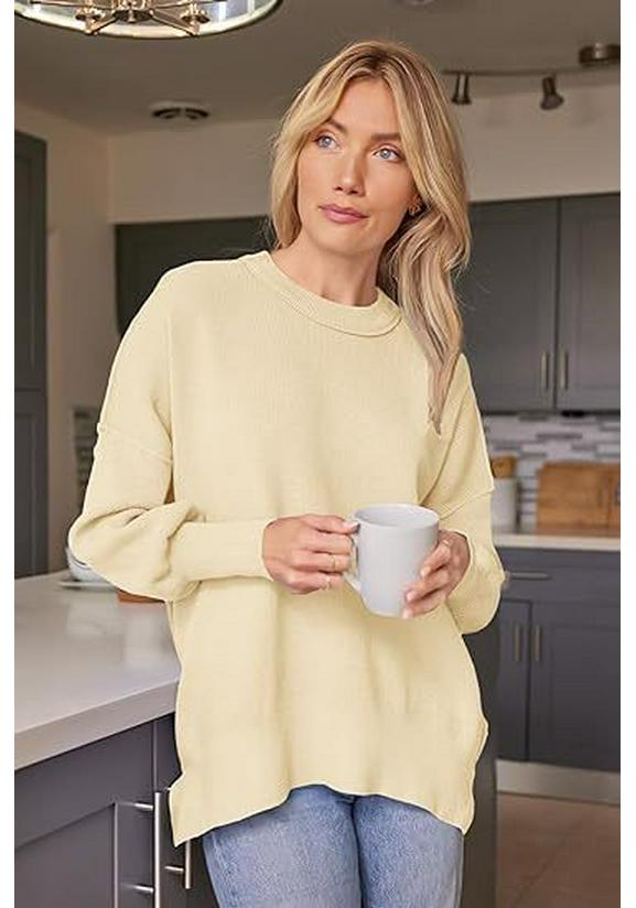 Women's Chunky Knit Loose Batwing Sweater - Autumn & Winter Round Neck, Long Sleeve, Solid Color, Side Slits, European Size, Lazy Style