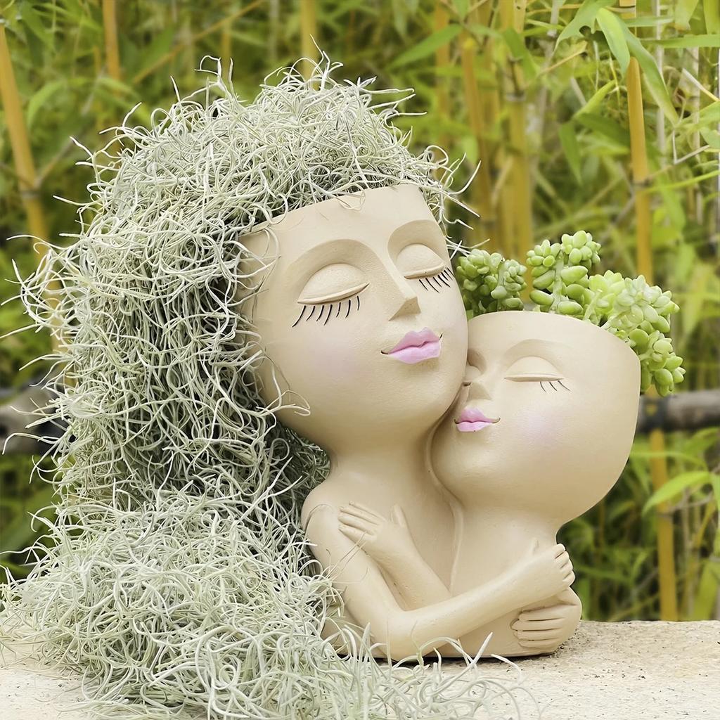 1/2Pcs Creativity Flower Pot Resin Cute Girl Face Planter with Drainage Hole Desktop Succulent Planter for Indoor Outdoor Decor