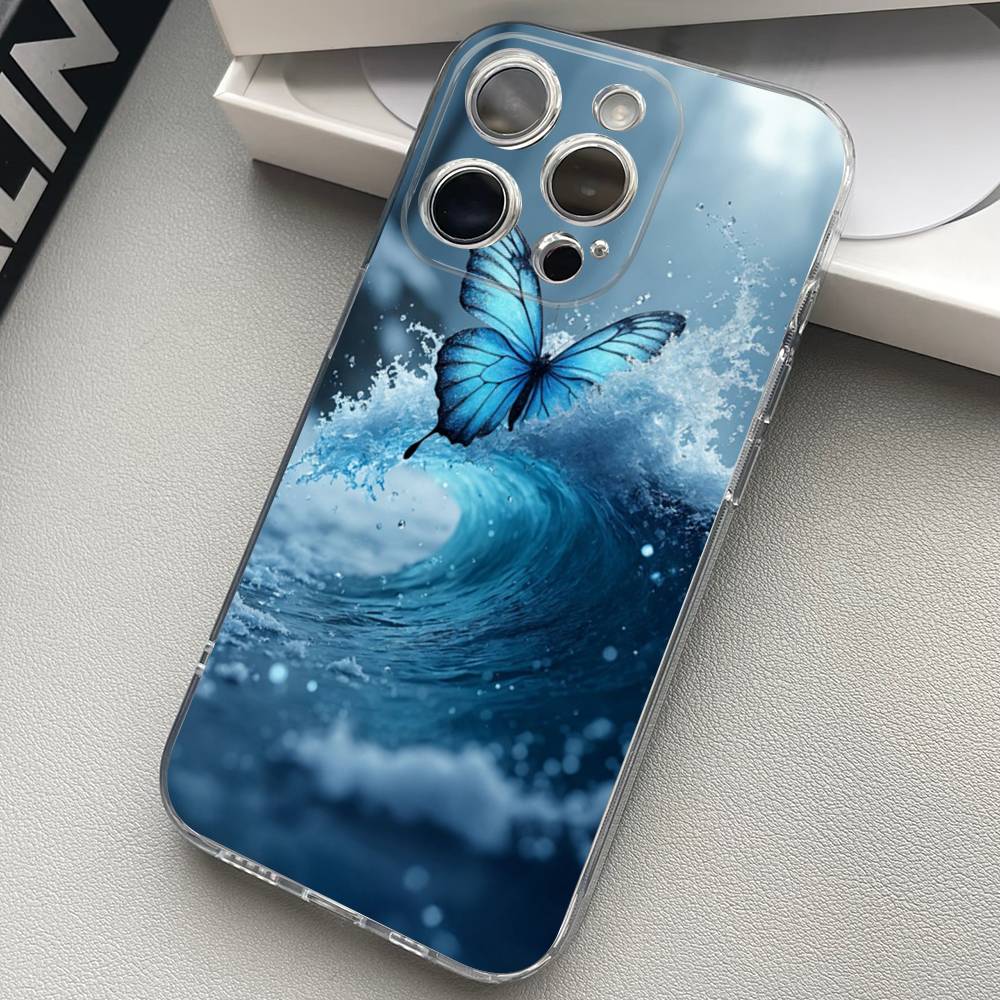 Blue Butterfly Ocean Waves Phone Case For iPhone 17 15 14 13 11 12 16 Pro Max Plus Mini Transparent Silicone Soft Funda