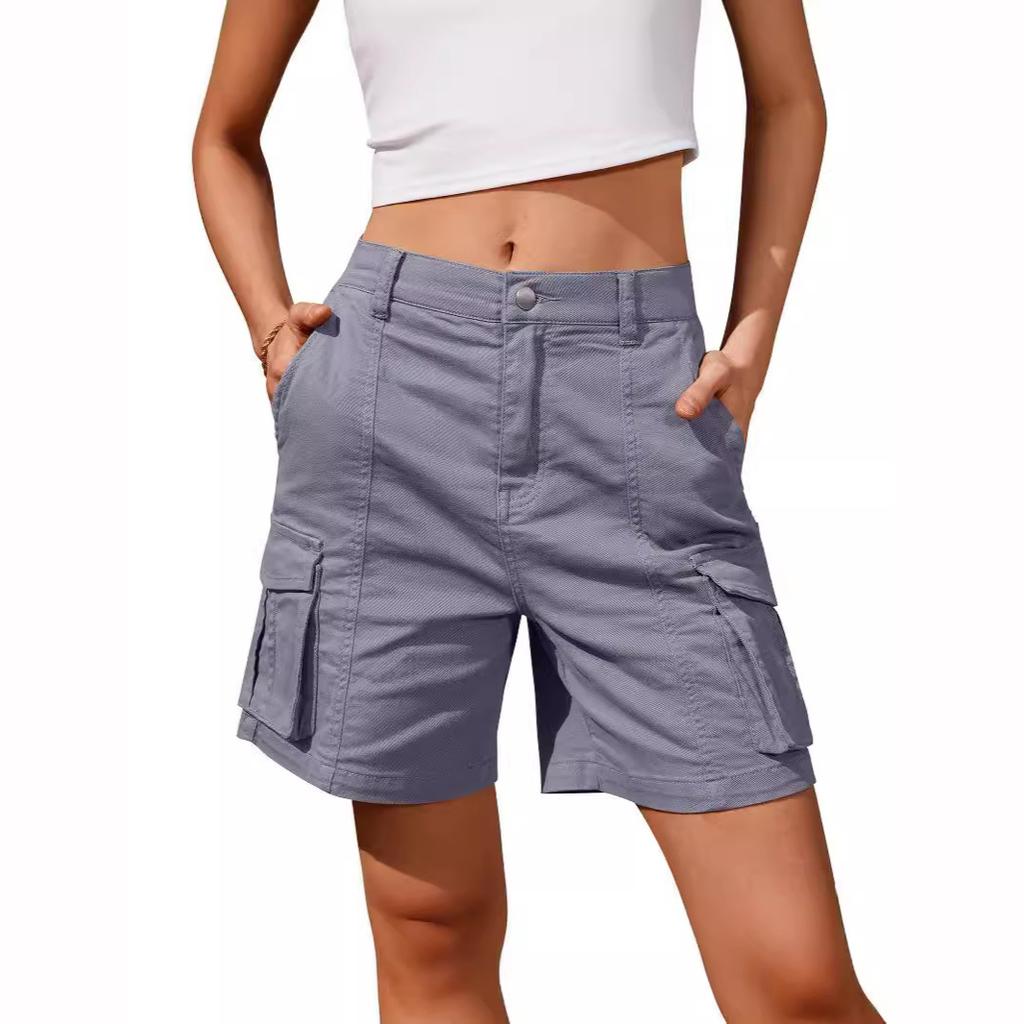 Women Cargo Shorts Knee Length Elastic Waist Long Shorts Pants Summer Casual Streetwear