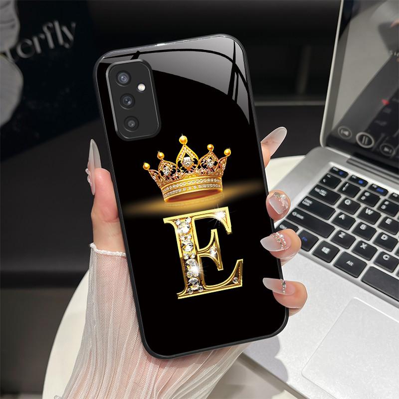 For Samsung M52 5G Case Galaxy M14 SM-M526B SM-M146B Phone Case ShockProof Fashion Initial Letter Hard Tempered Glass Back Cover