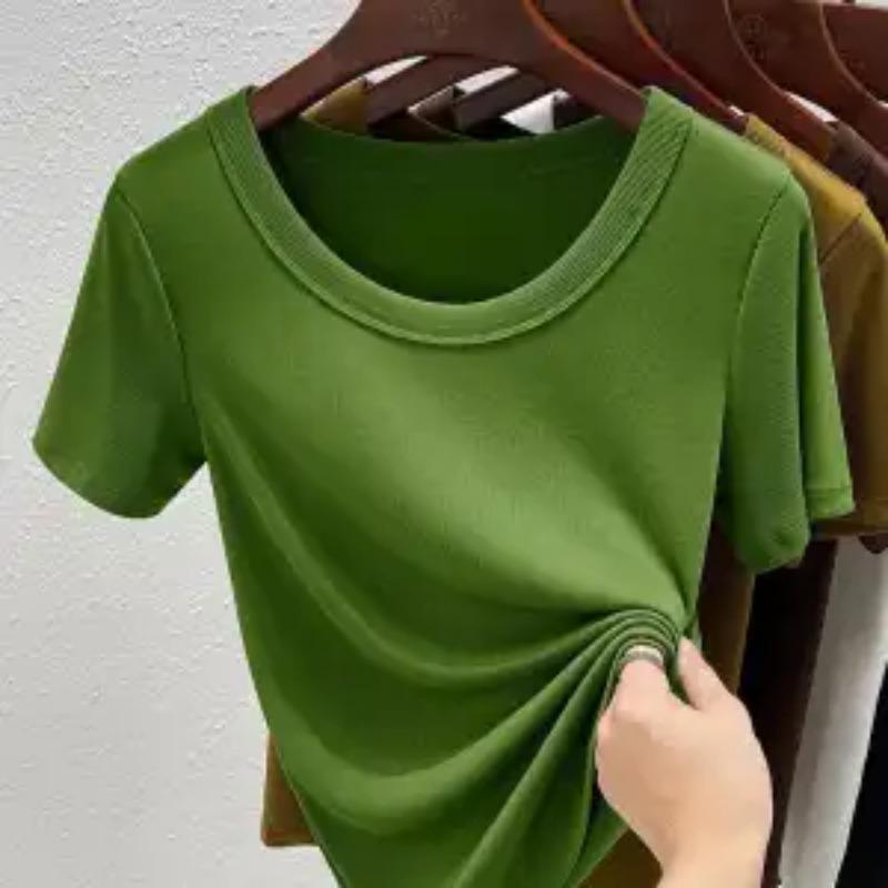 Womens Solid Color U-Neck Short Sleeve Fitted T-Shirt