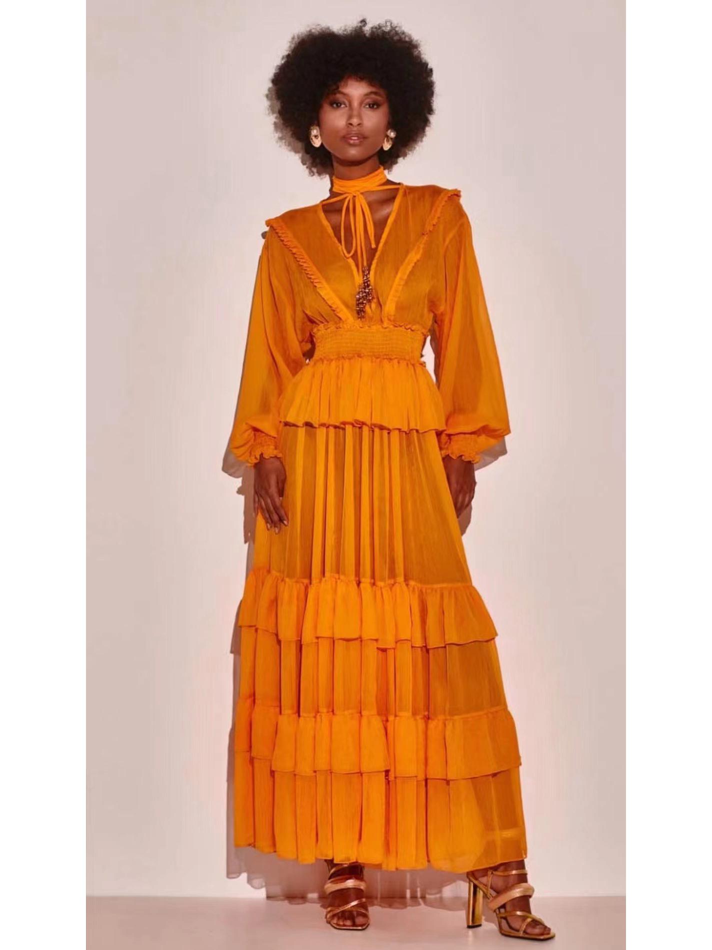 

Осеннее шифоновое многослойное длинное платье с оборками для женщин 2023 года Large оранжевый