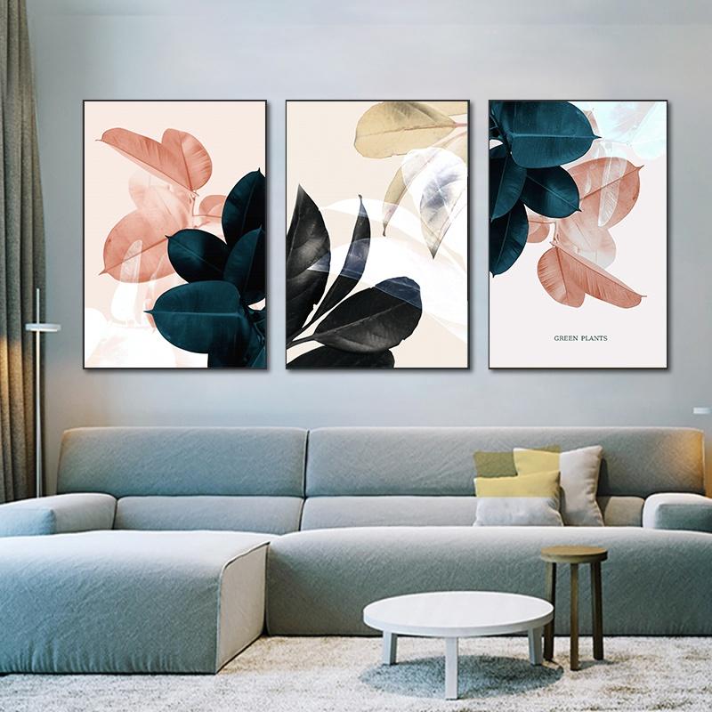 Abstrakt Löv Canvas Målning Modern Grön Växt Rosa Löv Väggkonsttryck Dekorativ Bild Modern Vardagsrumsinredning Oramad