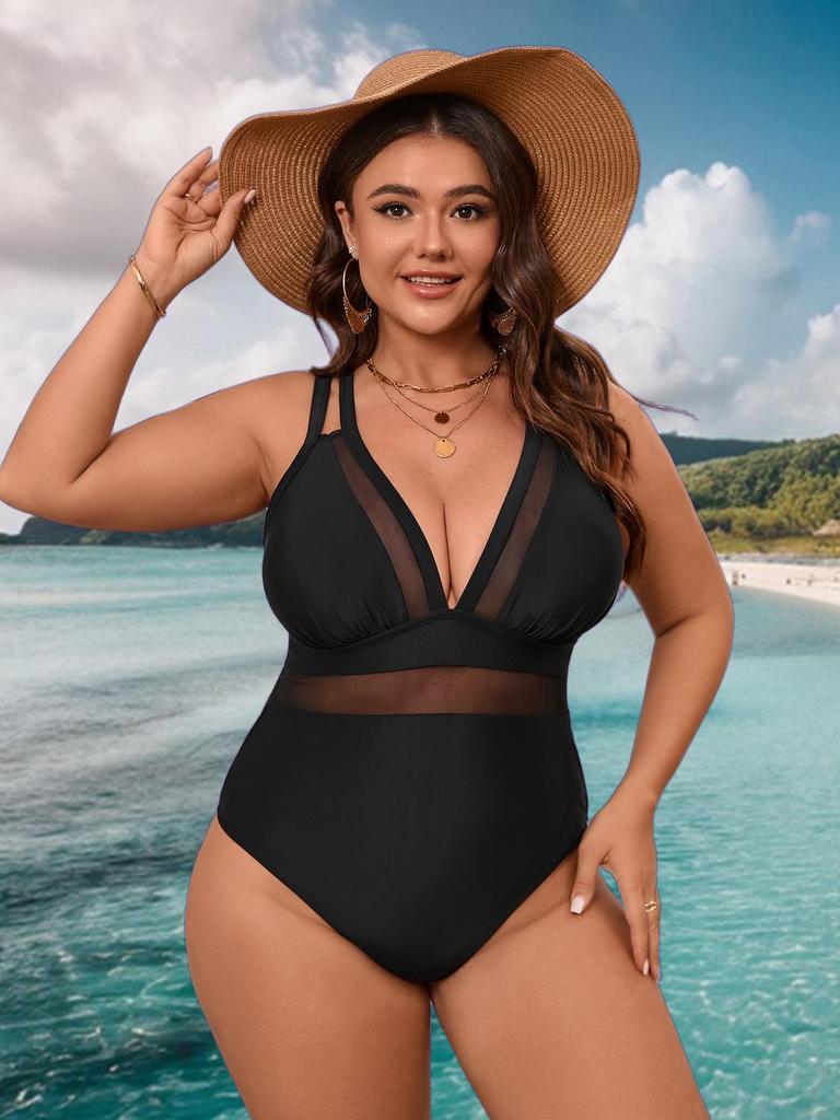Maillot de bain une pièce en résille taille plus à décolleté plongeant avec contrôle du ventre et dos ouvert