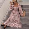 Elegant Floral Print Summer Dress for Women A Line Square Neck Long Sleeve Maxi Dress with Ruffle Hem