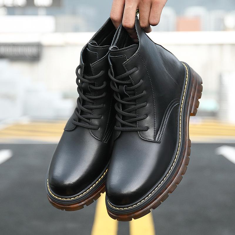 Casual British style boots, velvet thick-soled lace-up rhubarb boots, new cowhide Martin boots for men