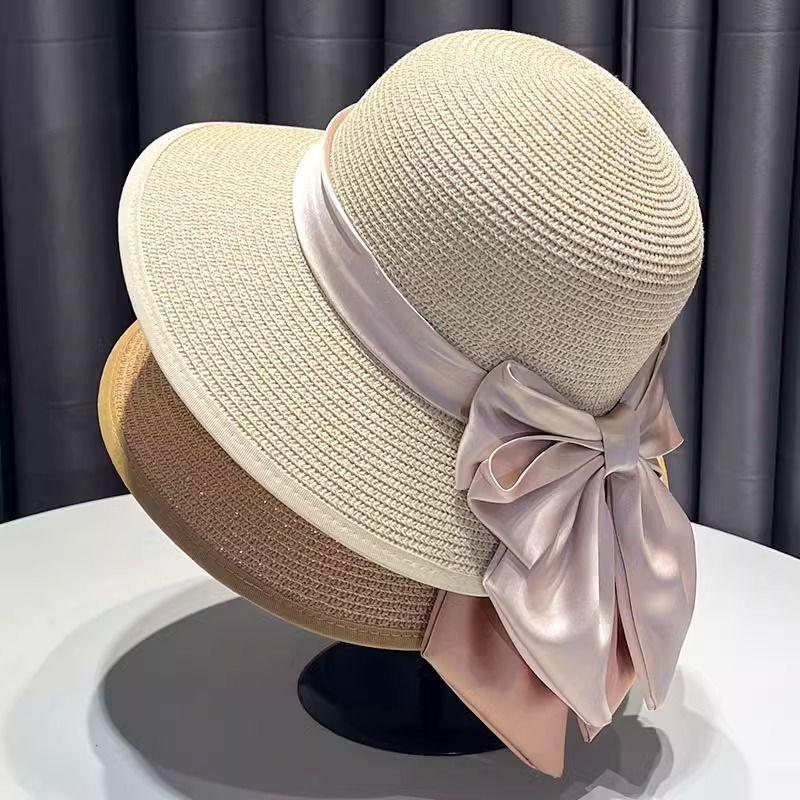 Breathable Straw Hat Hat Women's Summer Bow Visor Sun Hat Summer Travel Beach Straw Hat Versatile Sunscreen Bucket Hat