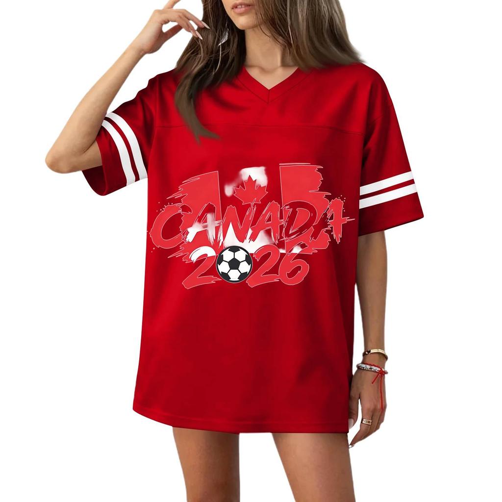 Women's Casual V Neck Short Sleeve Soccer Jersey Top with Flag Print and 2026 Graphic for Sports and