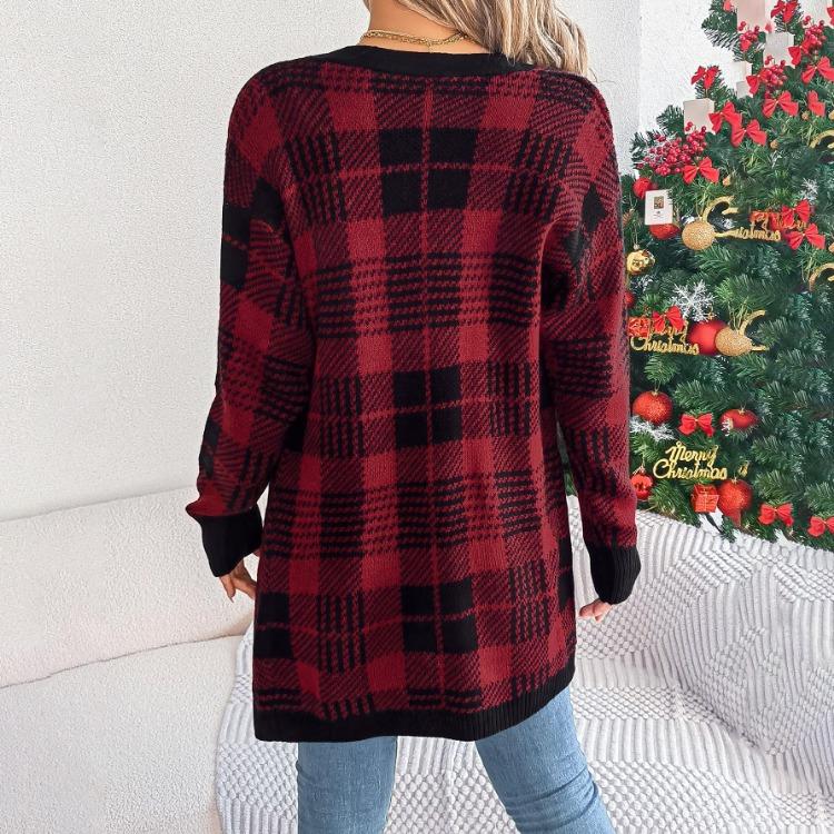 Vintage Christmas Knitwear Sweater Loose Cardigan Long Sleeve V Neck Top for Autumn Winter