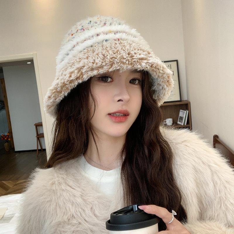 Autumn and Winter New Mixed-color Striped Knitted Hat Plush Bucket Hat Women's Warm Versatile Washbasin Hat