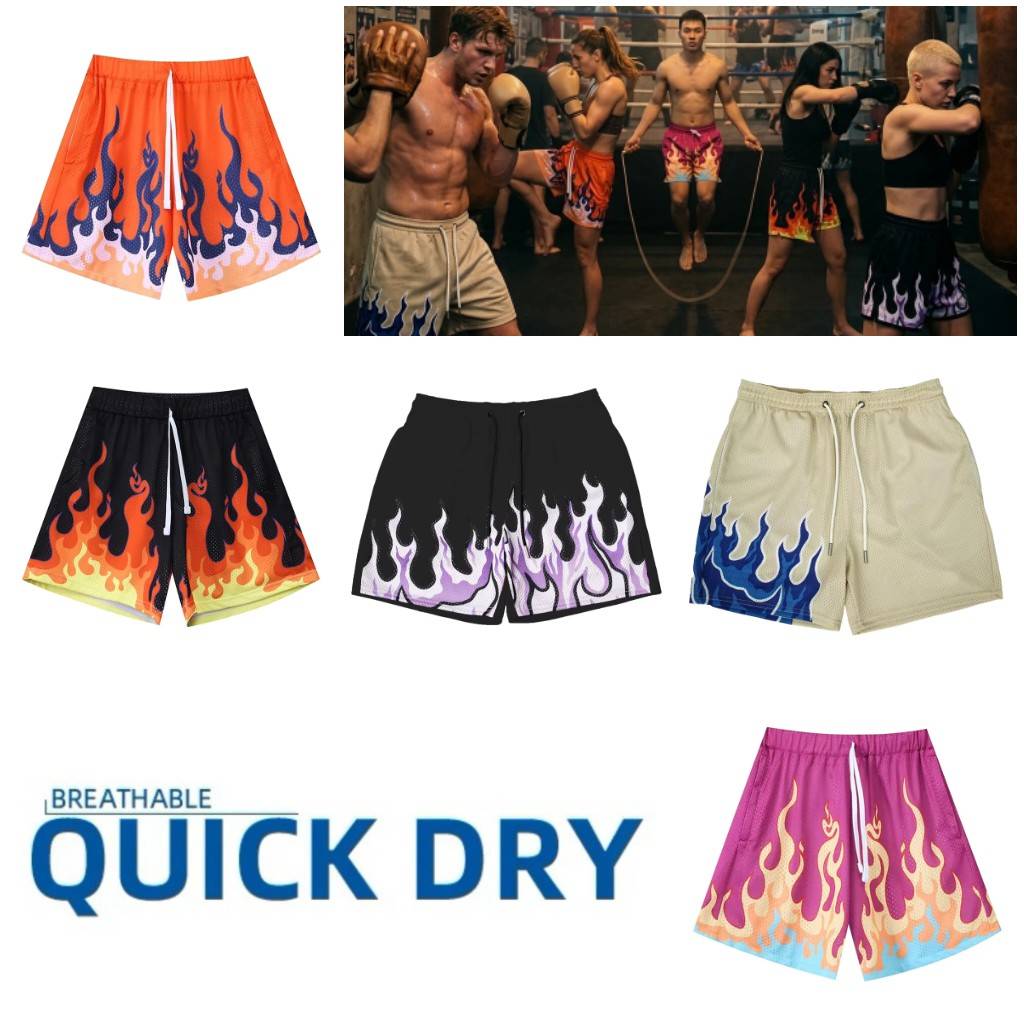 3D Print Shorts Graphic Flame Fire Training Muay Thai Kickboxing Boxing MMA Unisex Gym Fitness Workout Quick Dry Elastic Waist