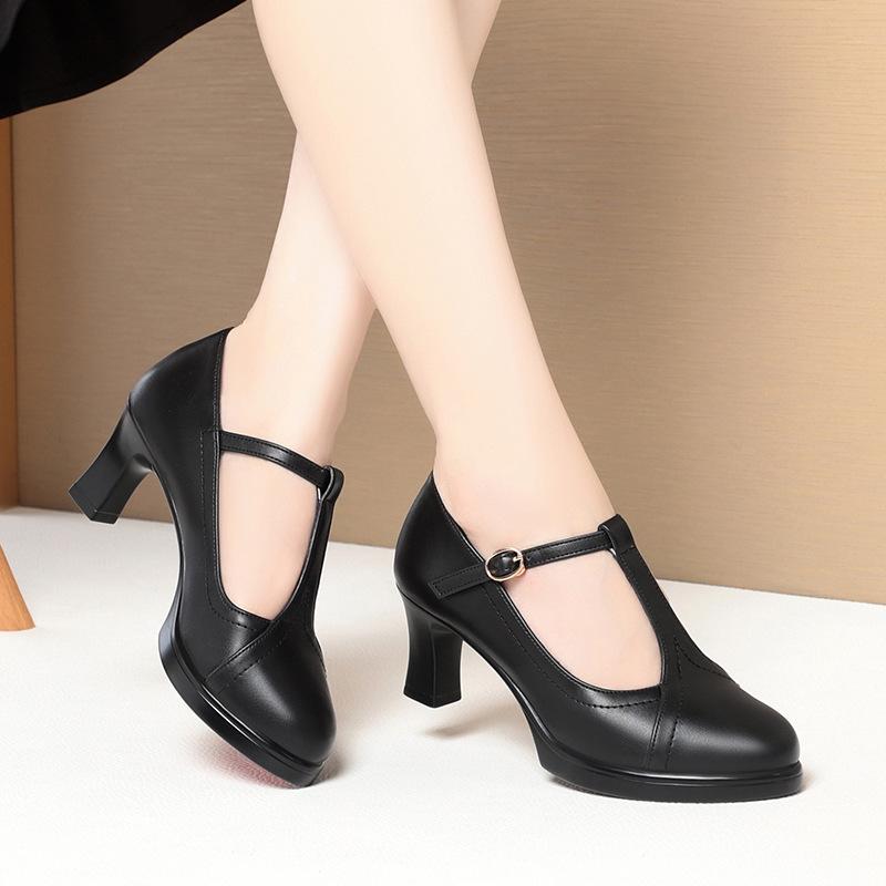 One-word Buckle Single Shoes Women's Summer New Thick Heel Model Catwalk Shoes Commuter Waterproof Table Leather Shoes Black