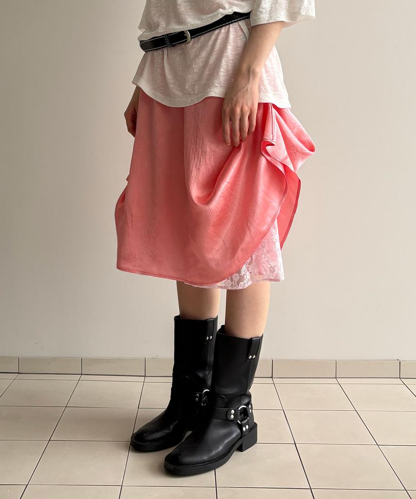 HERETIC Button Satin Lace Flared Skirt / Pink