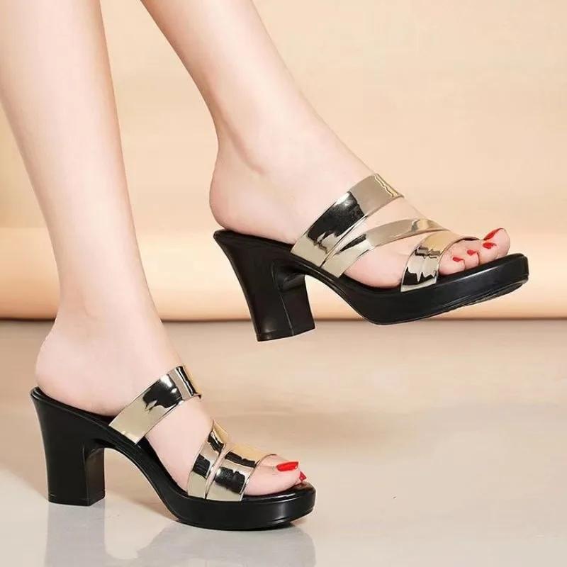 Fashion Summer High-heeled Women's Slippers 7cm Thick Heels Bright Skin Fish Mouth All-match Casual Shoes 2025 Woman Sandals Slipper