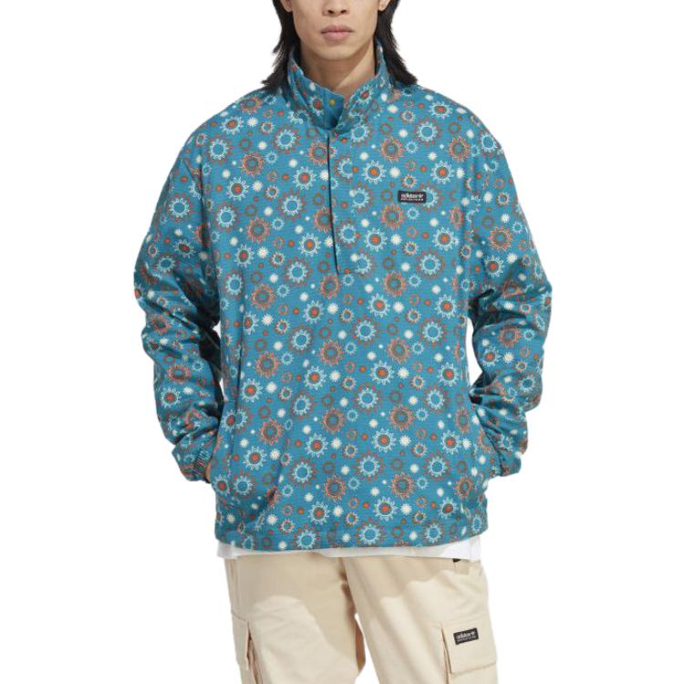 Adidas Originals Trefoil All-Over Print Half-Zip Long-Sleeve Jacket Men Jacket Blue HR4273