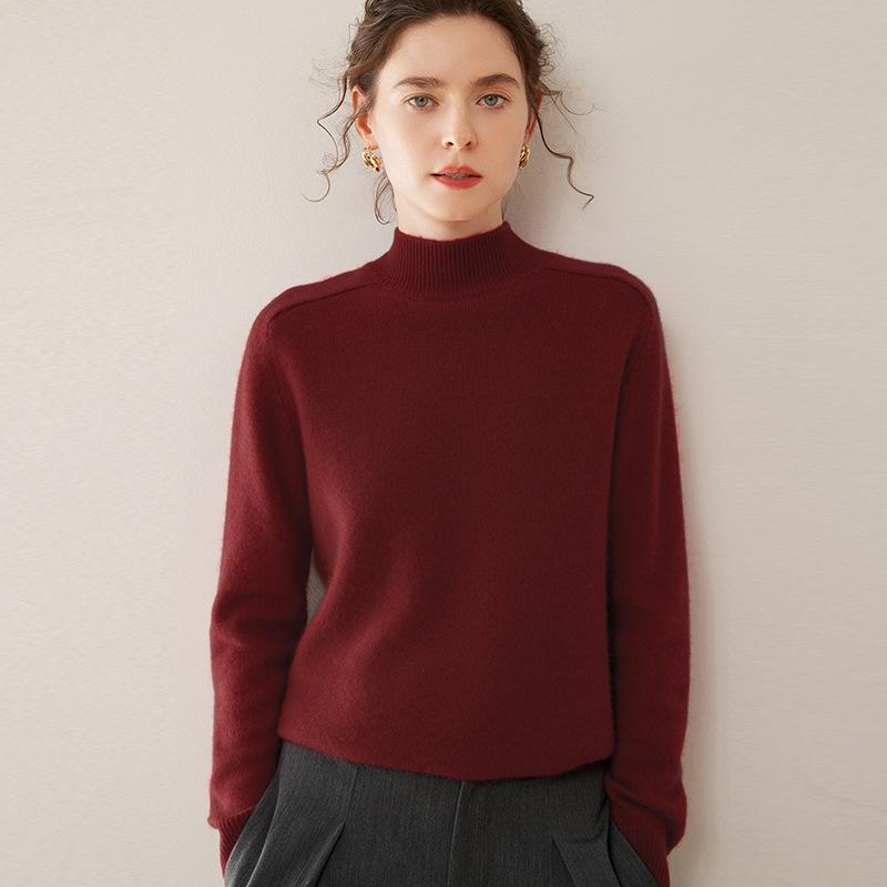 Women's Heavyweight Cashmere Half-High Collar Knit Sweater with Saddle Shoulders