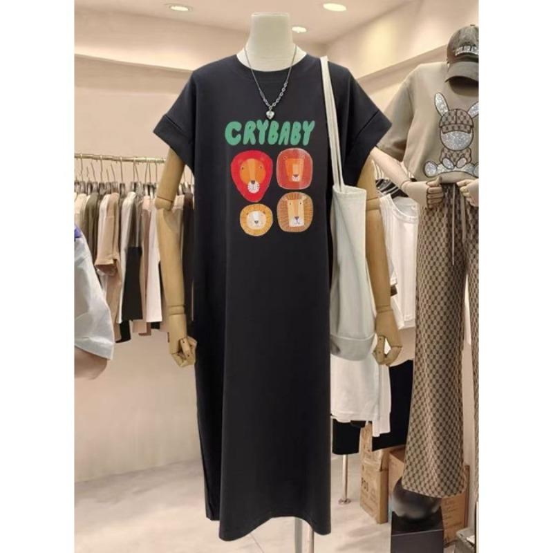 T-shirt Dress, Short-sleeved, Large Size, Loose and Casual, Large Size, Covering The Stomach, Long Dress