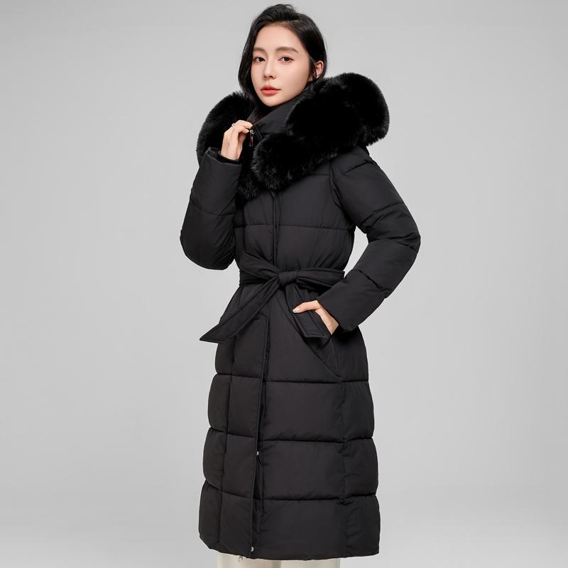 Dam Vinter Långa Kappor Med Huva Stor Fuskpäls Krage Elegant Tjock Varm Vinterparkas Kvinnlig Jacka Med Bälte
