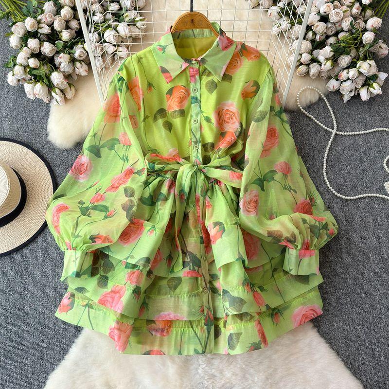 

Shoelace Waist Trimming Short Shirt Summer Elegance Cake Dress Green Print All yards
