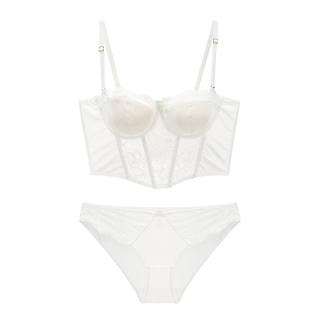 Französisches Satin-Spitzenstich-Unterwäscheset: Weicher und sexy geraffter BH für Damen