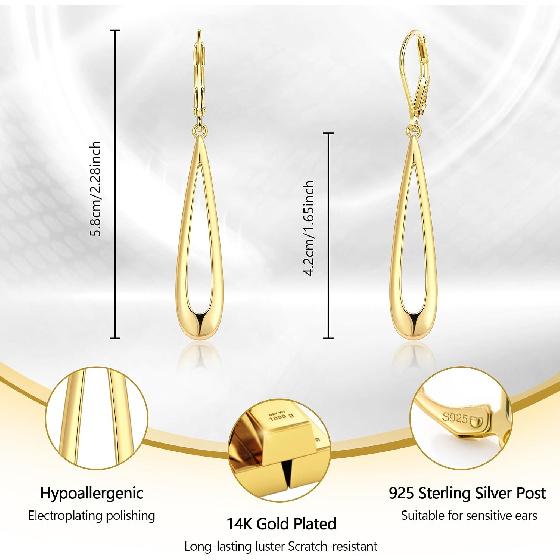 BoutiqueLovin Boucles d'oreilles pendantes longue goutte pour femme | Plaqué or 14 carats Boucles d'oreilles pendantes Argent Hypoallergénique Creuses Pendantes Fermoir à crochet
